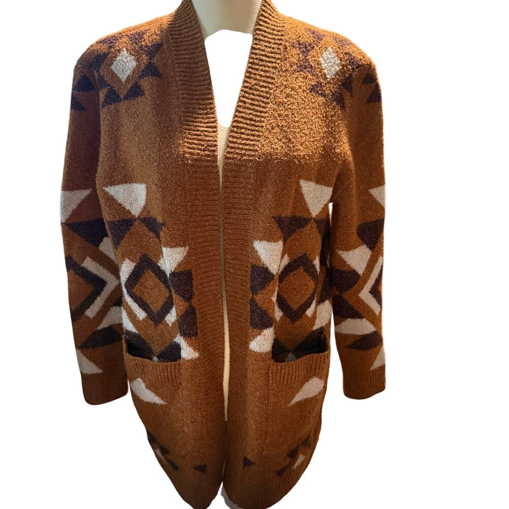 Pink Republic Southwestern Aztec Boho Knit Open Front Cardigan, Women's Large